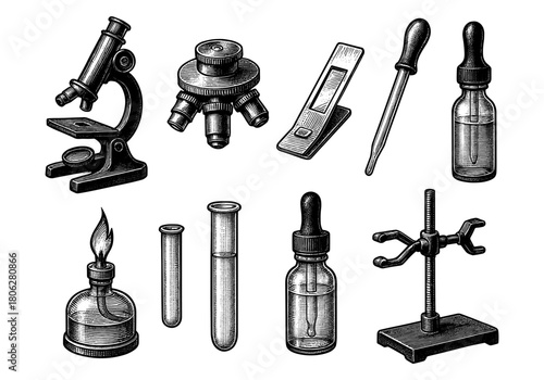Vintage scientific equipment with engraved style: microscopes, test tubes, and more