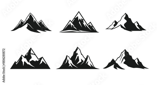 Minimalist black and white illustration featuring six unique mountain shapes