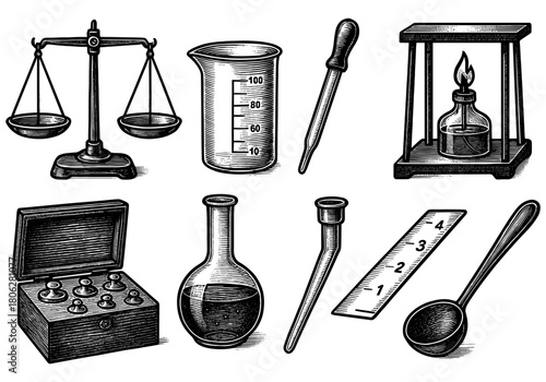 Vintage laboratory equipment collection featuring scales, beaker, and bunsen burner