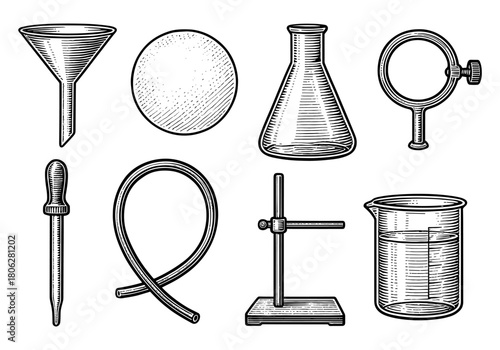 Hand drawn chemistry equipment: flask, beaker, funnel, and more