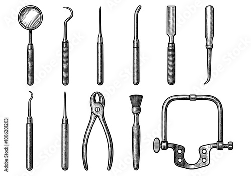 Detailed engraving of dental tools set in vintage style
