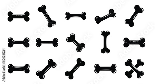 Collection of various black bone shapes arranged on a white background
