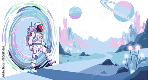 Fearless Astronaut Steps Through a Swirling Cosmic Portal onto a Surreal Alien Planet, Unveiling a Fantastical Landscape of Glowing Crystals and Distant Ringed Planets in a Dreamy Space Expedition