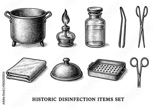 Vintage disinfection tools collection with engraved medical supplies and instruments