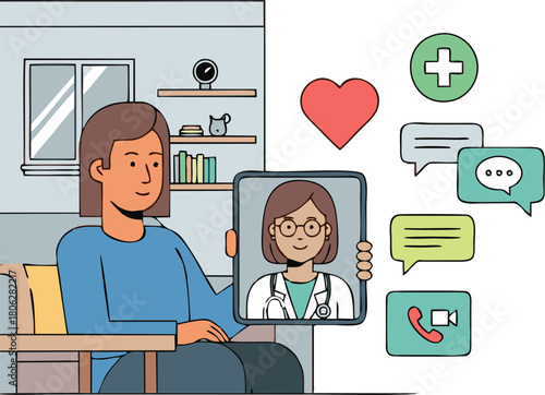 Person using a tablet for a telehealth consultation with a doctor, discussing health and well-being