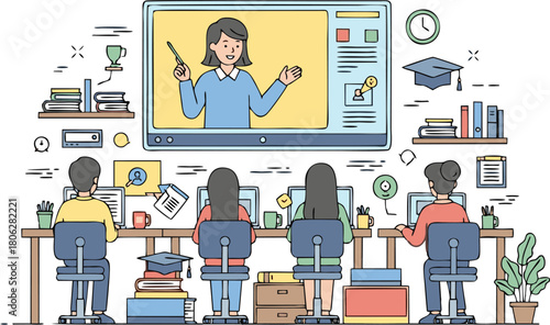 Digital classroom experience with students participating in online learning, guided by an instructor on screen, depicting modern e-education and remote study