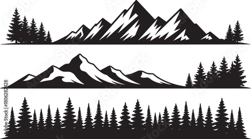 Mountain and forest silhouette set illustration of mountain ranges with pine trees isolated on white background