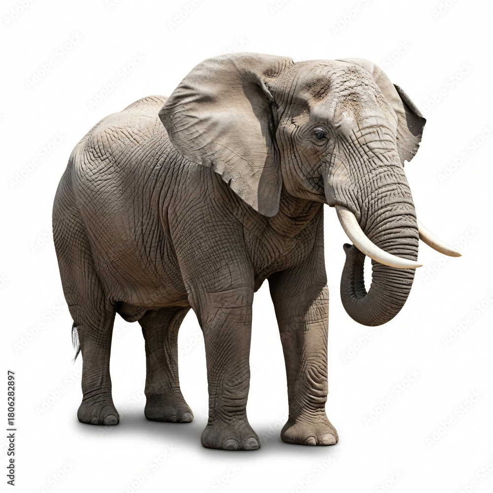 Obraz premium Majestic adult elephant isolated on white background showing wrinkled skin and large tusks