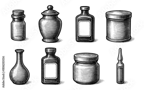 Vintage apothecary bottles collection with detailed hand-drawn designs