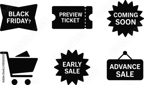 Black Friday Early and Advance Sale Tags. Preview, Early Bird, and Coming Soon Icons for Promotions. Vector Design