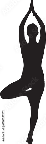 Silhouette of a woman in tree pose yoga asana for balance and meditation isolated on white background