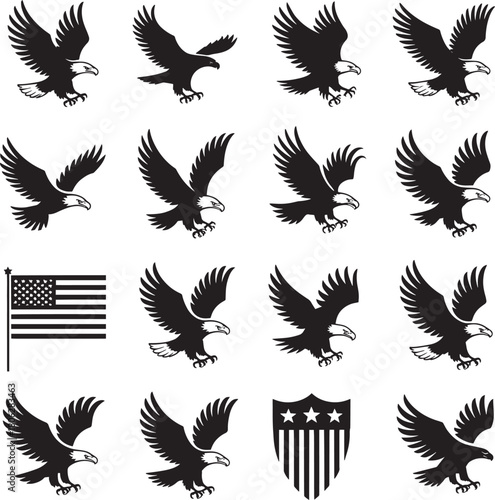 Collection of eagle illustrations patriotic icons in black and white perfect for graphic design and historical projects