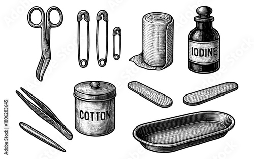 Vintage medical tools drawing with scissors, tweezers, bandages, and iodine bottle