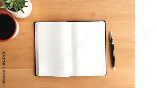 A minimalist wooden desk holds an open notebook and fountain pen, bathed in soft overhead light.