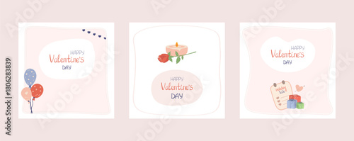 Set of square flat style templates Valentine's Day social media posts. Designs feature love symbols like balloons, rose flowers, heart with arrow, memo sticker To Do list, gift box, lit candle