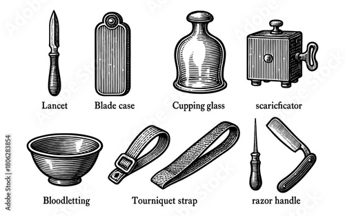 Vintage medical tools collection in detailed engraving style