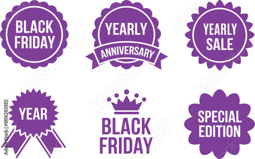 Sale Badges for Black Friday, Anniversary, Yearly Sale, and Special Edition. Discount Labels for Promotions. Vector Design