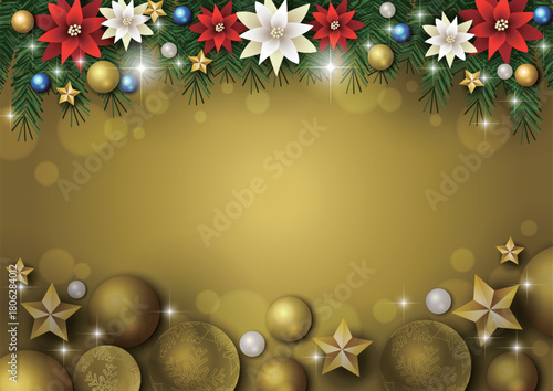 クリスマス背景、ボール、金、ポインセチア、モミの木、かわいい、イラスト、横
