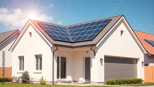 Modern suburban house with solar panel roof installation, clean architectural lines on sunny day.