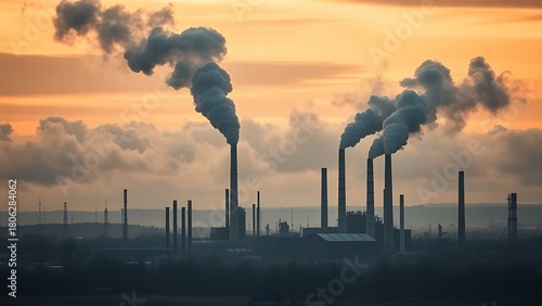 Industrial landscape with factory emitting pollution into atmosphere.
