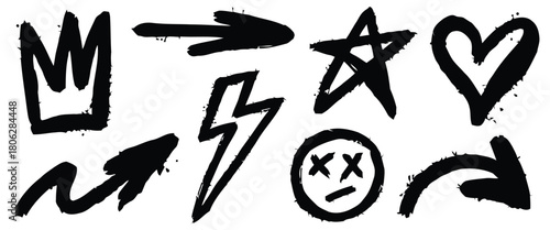 Graffiti spray elements set. Street art graffiti tag symbols, arrow, heart, star, face, lightning. Underground urban design, vector aerosol elements with drips, crosses, and grunge graffiti textures