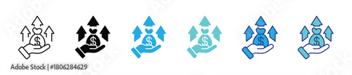 financial support and profit growth icon. hand holding money bag with upward arrows, wealth increase symbol, economic boost, investment return, and funding success. vector illustration