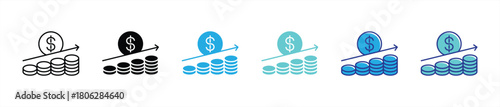 rising coin profit growth icon. stacked money coin with upward trend arrow, financial earning increase symbol, revenue boost illustration, investment return. vector illustration