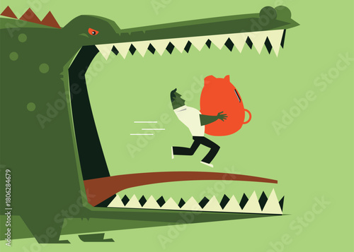 Businessman carrying a piggy bank is illustrated as being chased by a crocodile.