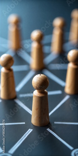 Wooden chess pieces on grid, one central figure stands out among blurred peers, symbolizing leadership or decision-making.