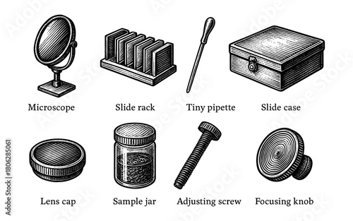 Hand drawn scientific equipment set: microscope, pipette, slide rack, sample jar, lens cap