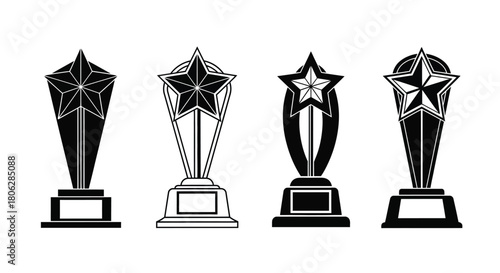 Four black and white trophy illustrations displaying different perspectives