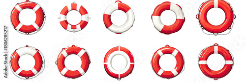 Set of twelve red and white lifebuoy icons in flat minimalist style with nautical safety elements for sea rescue and ocean safety concepts vector illustration