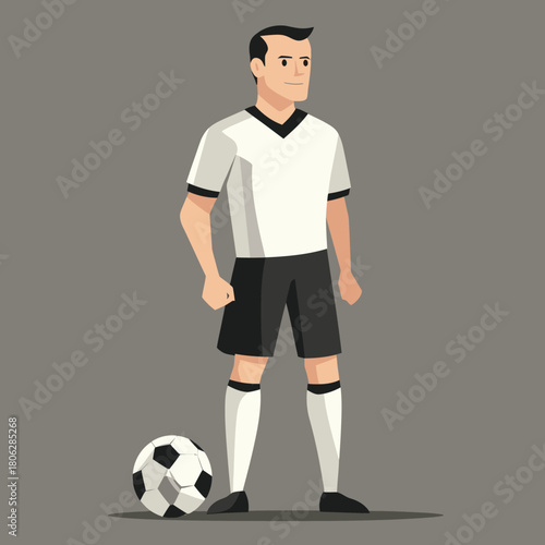 Male soccer player standing with soccer ball in minimalist flat vector art style with black and white uniform and confident posture on gray background illustration