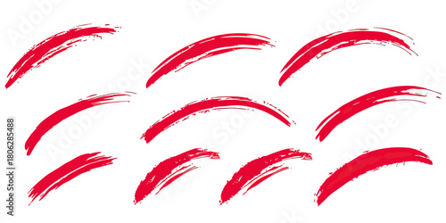 Set of red brush stroke vector markers with rough textured underline swoosh shapes for design accents and highlights on white background