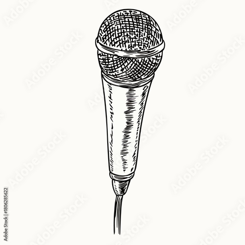Hand Drawn Detailed Sketch of Wired Microphone with Metal Mesh Head and Handle in Black and White Line Art Style for Audio and Music Concepts