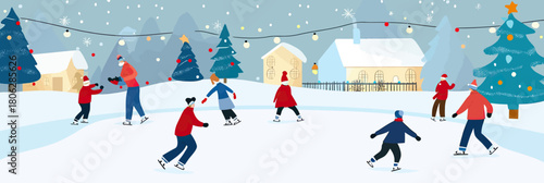 Winter outdoor ice skating scene with diverse people enjoying festive Christmas village landscape with snow and decorated pine trees flat vector illustration