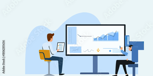Business people analyzing financial investment data and charts on digital tablet and large monitor in modern office workspace vector illustration