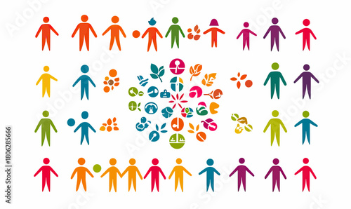 Colorful diverse people icons arranged in rows surrounding circular group of eco friendly environment and teamwork symbols flat vector illustration