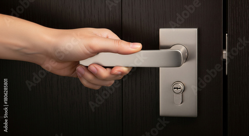 Close-up of hand turning door handle, faceless, sharp focus, authentic gesture, professional lighting.