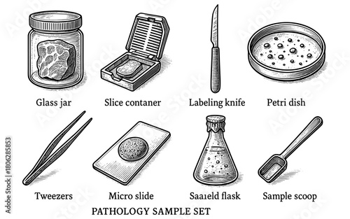 Vintage medical tools set featuring microscope slide and petri dish in black and white engraving style