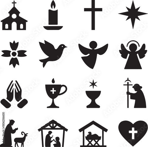 Set of Christian icons simple black silhouette symbols for religious events isolated on white background