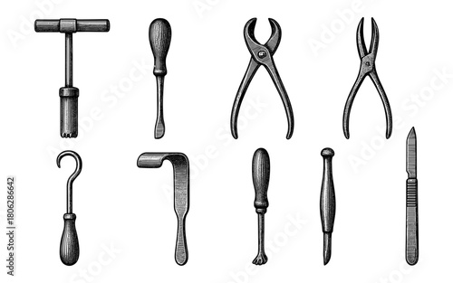 Vintage surgical tools engraving: classic medical instrument set in black and white