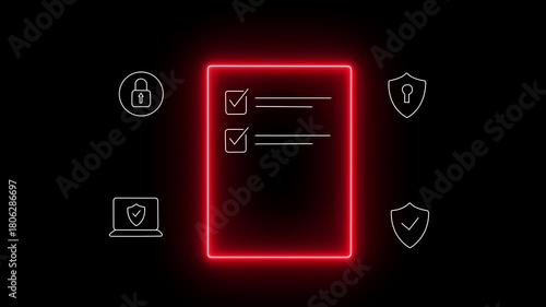 A digital checklist displayed on a glass-like panel, surrounded by security icons symbolizing data protection, privacy, and online safety. Glowing neon background, data concept 4k video