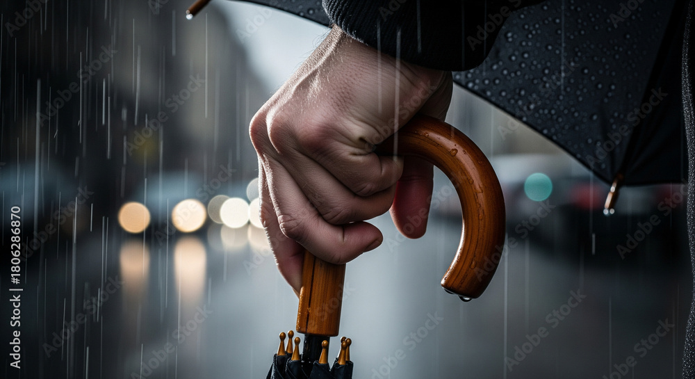 © Anwar - Close-up of hand gripping umbrella handle in rain, faceless, sharp focus, authentic seasonal gesture.