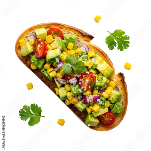 Artisan Toast Topped with Fresh Avocado, Corn, Tomatoes, and Herbs on White Surface