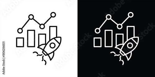 rocket boost analytics thin line icon. dynamic growth chart with launch symbol representing business acceleration, data performance, startup expansion, profit increase, and market breakthrough.
