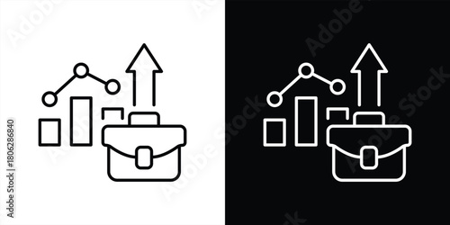 business growth portfolio thin line icon. briefcase with analytics chart, rising arrow, market trend line, and profit bars representing revenue increase, investment success. vector illustration