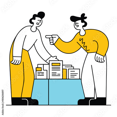 Modern black and yellow cartoon graphic shows two people discussing important documents, highlighting collaboration and information sharing in a simple style