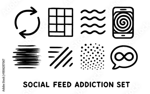 Social media addiction icons set in hand-drawn style