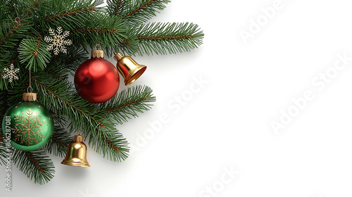 A realistic Christmas tree branch decorated with red and green ornaments, golden bells, and delicate snowflakes against a clean white background, creating a warm festive aesthetic.